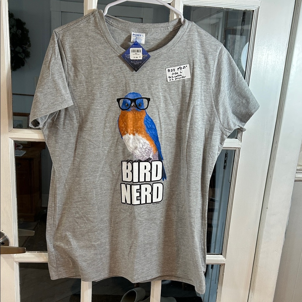 B23.    PORT & COMPANY Gray "Bird Nerd" Graphic Tee with Blue and Orange Bird